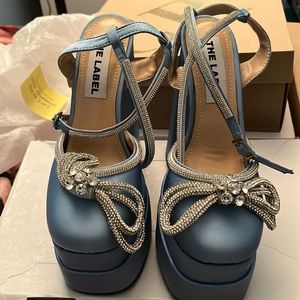 Blue JOHIE Diamante Bow Block Heel Platform Sandals